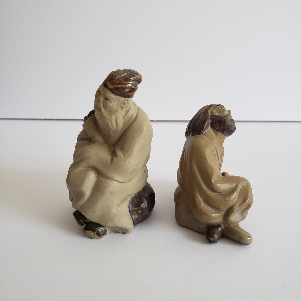#Mudman Pottery Asian Set of 2 Sitting Mens Clay Handmade Vintage Figurines